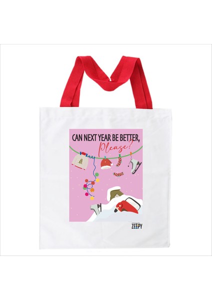 Zeepy Design Yılbaşı Konseptli Bez Omuz Çantası, Alışveriş Çantası, Yılbaşı Hediyesi, Kırmızı Saplı