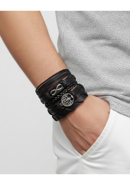 Sonsuzluk Yaşam Ağacı Sembol 5 Parçalı Hakiki Deri Bileklik Setleri