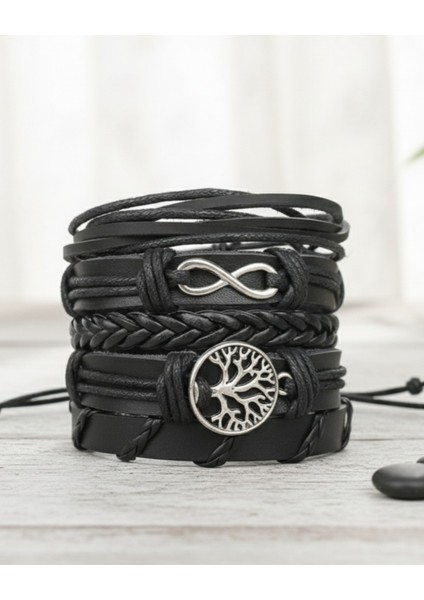 Sonsuzluk Yaşam Ağacı Sembol 5 Parçalı Hakiki Deri Bileklik Setleri modelleri