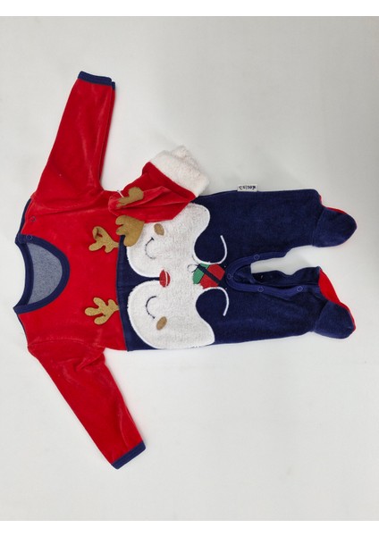 Unisex Kırmızı Laci Noel Penguenli Patikli Kadife Tulum 0-3 Ay