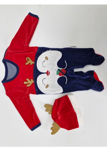 Unisex Kırmızı Laci Noel Penguenli Patikli Kadife Tulum 0-3 Ay fiyatları