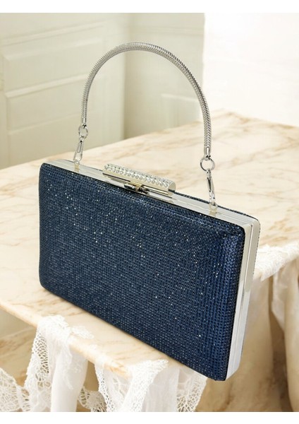 Lacivert Renk Iki Tarıfıda Komple Taşlı Metal Saplı Kadın Abiye Çanta Düğün Nişan Mezuniyet