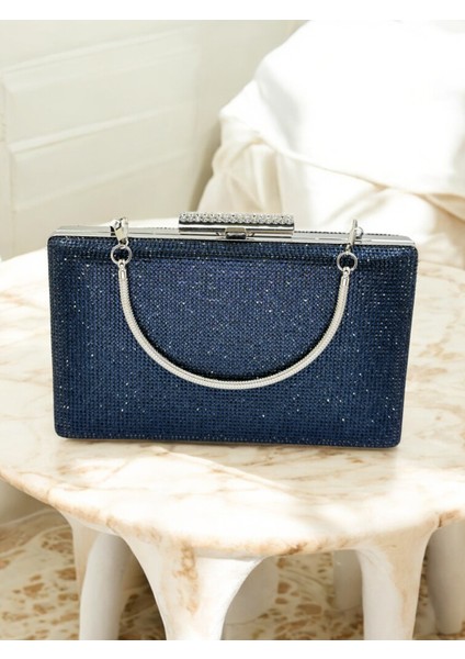 Lacivert Renk Iki Tarıfıda Komple Taşlı Metal Saplı Kadın Abiye Çanta Düğün Nişan Mezuniyet
