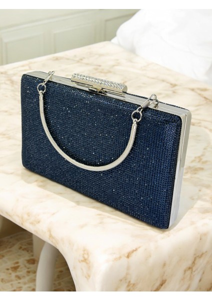Lacivert Renk Iki Tarıfıda Komple Taşlı Metal Saplı Kadın Abiye Çanta Düğün Nişan Mezuniyet