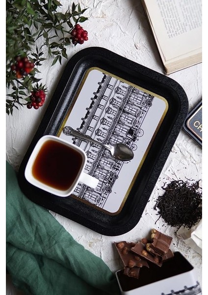 Gallery Evle-City Desenli Metal Tepsi - Çay Kahve Tepsisi - Sunum Tepsisi 23 cm x 31 cm (City)