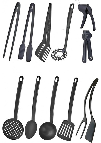 11 Parça Yanmaz Yapışmaz Teflon Kaplama Servis Seti Kepçe Kevgir Spatula Kaşık Plastik Servis Takımı