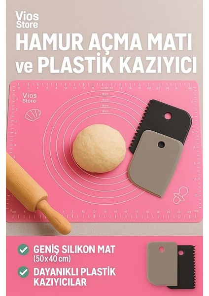 Store Hamur Açma Matı 50X40 cm ve 3'lü Plastik Kesme Kazıma Aparatı – Silikon Kaymaz Mat + Çok Amaçlı Mutfak Kazıyıcı Seti (Kırmızı) modelleri