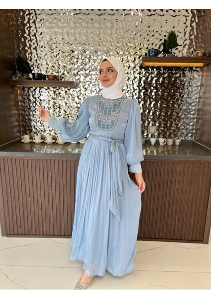 Taş Işlemli Bel Kuşaklı Uzun Abiye Elbise ELB16080