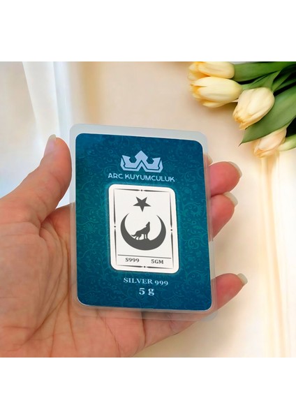999 Ayar Gümüş ile Tasarlanmış Ay Yıldız ve Kurt Temalı Hediyeye Özel 5 Gram Gümüş Külçesi-769 fiyatları