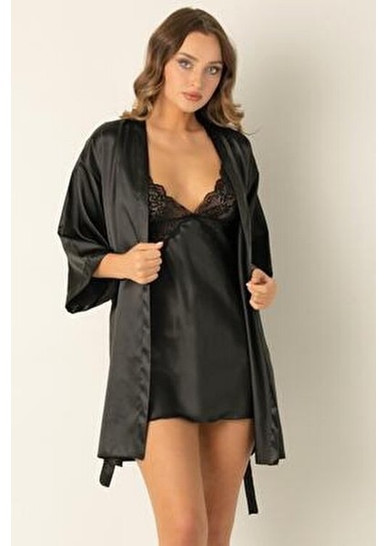 Saten Mini Kuşaklı Sabahlık Kadınlar İçin Şık ve Rahat Tasarım Polyester Kumaş indirimleri