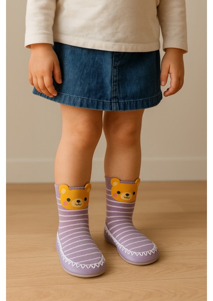 Çocuk Ayıcık Desenli Çizgili Makosen Soket Çorap Patik Panduf – Kaydırmaz Ev & Anaokulu Ayakkabısı Lila