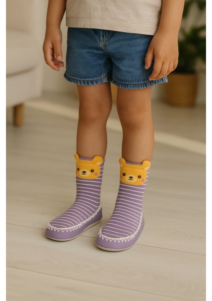 Çocuk Ayıcık Desenli Çizgili Makosen Soket Çorap Patik Panduf – Kaydırmaz Ev & Anaokulu Ayakkabısı Lila fiyatları