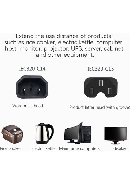 Güç Adaptörü Kablosu, C14 - C15 Ürün Kelimesi Oluklu Güç Uzatma Kablosu ile Devrim Ürün Mektubu(1,0m) (Yurt Dışından) fiyatları