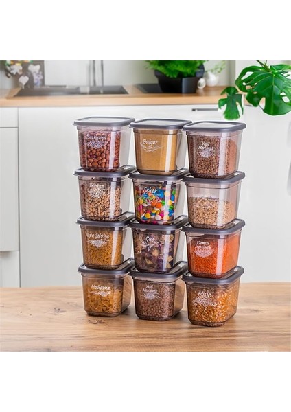 1022 12 Li Etiketli Kapaklı Dikdörtgen Gıda Erzak Bakliyat Saklama Kabı Seti - 1,3 Lt