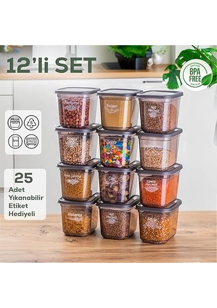 1022 12 Li Etiketli Kapaklı Dikdörtgen Gıda Erzak Bakliyat Saklama Kabı Seti - 1,3 Lt fiyatları