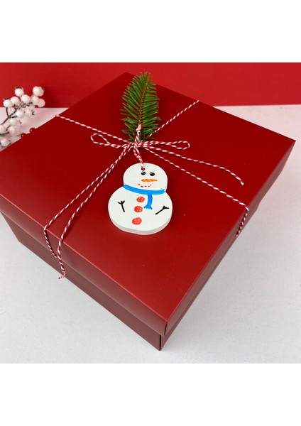 Yılbaşı Kırmızı, Ahşap Kardan Adamlı Boş Hediye Kutusu - 25 Cmx 25 Cmx 10 cm