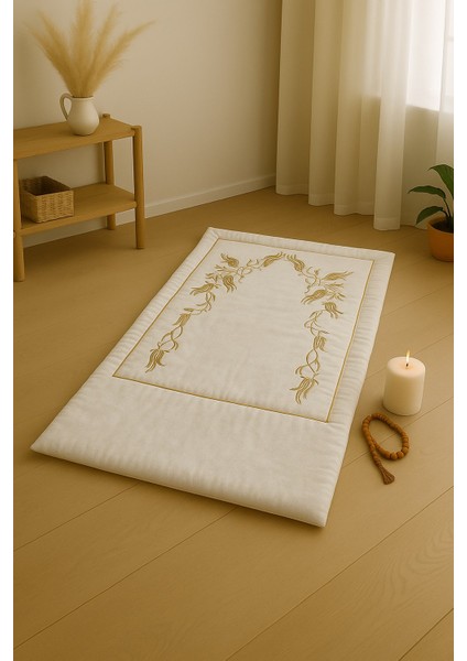 Sahra Krem Kadife Nakışlı Seccade Süngerli Yumuşak Çeyizlik Hediyelik Bohça Lüks Namazlık indirimleri