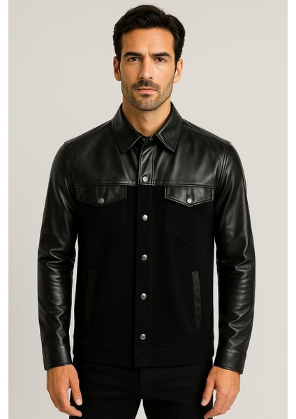 Erkek Gömlek Suni Deri ve Triko Karışımlı (Overshirt) Siyah 7348