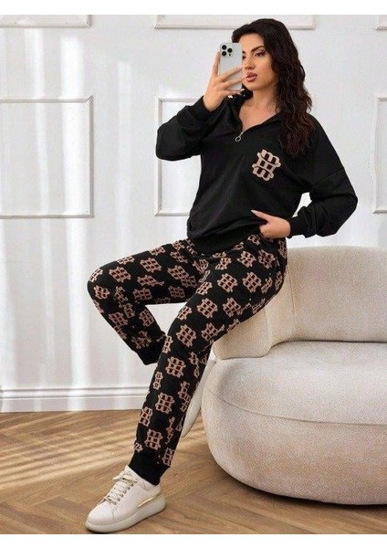 Kadın Uzun Kollu Iki Iplik Kumaş Fermuar ve Cep Detay Kapüşonlu Ikili Takım