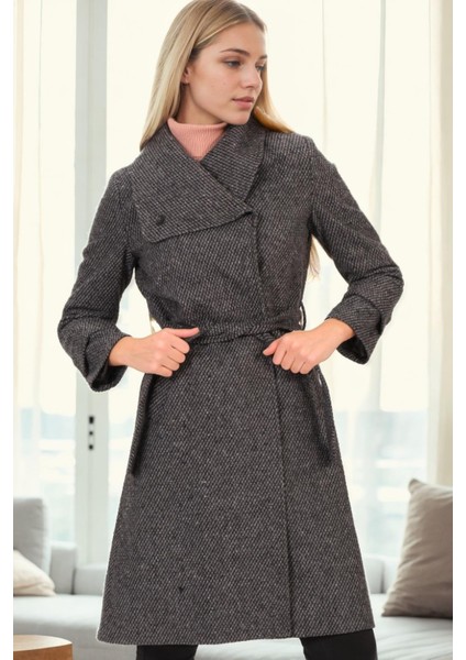 Z9645 Dewberry Bayan Palto-Balıksırtı Siyah