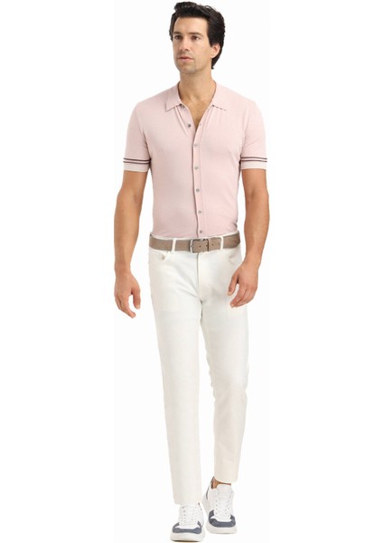 Ekru Düz Dokuma Slim Fit Casual Pamuk Karışımlı Pantolon