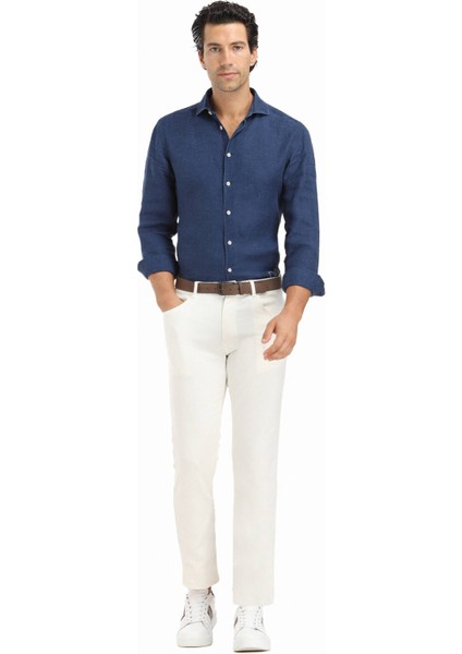 Ekru Düz Dokuma Slim Fit Casual Pamuk Karışımlı Pantolon