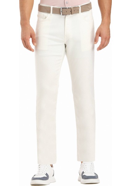 Ekru Düz Dokuma Slim Fit Casual Pamuk Karışımlı Pantolon