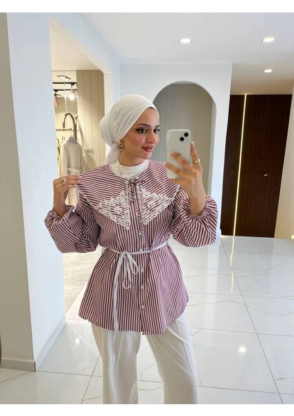 Nakış Detaylı Bel Bağlamalı Kol Lastik Basıc Gömlek modelleri
