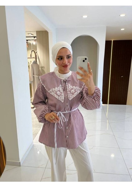 Nakış Detaylı Bel Bağlamalı Kol Lastik Basıc Gömlek indirimleri