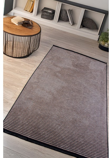 Bej Siyah Şönil Dokuma Kilim Halı – Hasır Desenli, Yıkanabilir, Kaymaz Taban – Salon, Oturma ve Çocuk Odası Yolluk Halısı