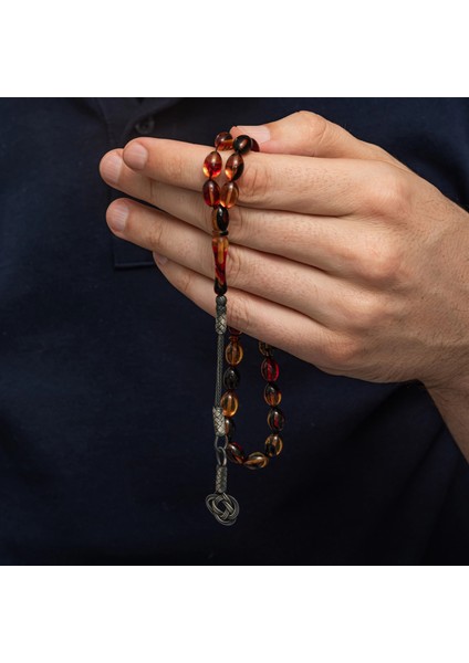 Gümüş Karışık Renk Kazaz Püsküllü Sıkma Kehribar Tesbih