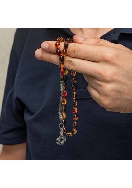 Gümüş Karışık Renk Kazaz Püsküllü Sıkma Kehribar Tesbih fiyatları