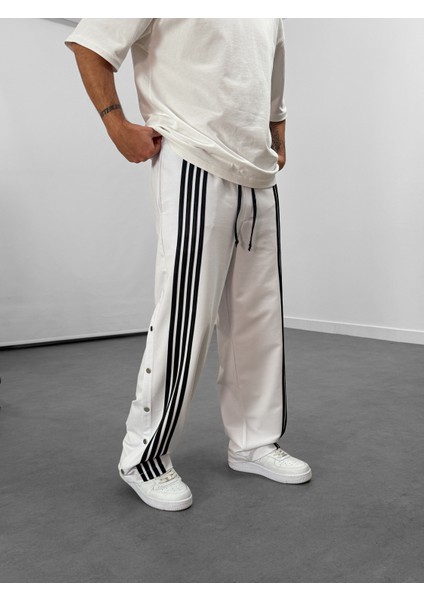 Şeritli Beyaz Erkek Baggy Pantolon COC1059