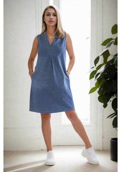 E1342 Dewberry Womens Washed Cotton Blue Denim Dress-Mavi