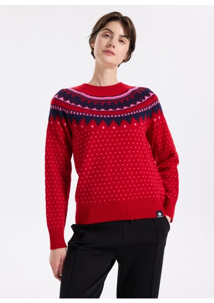 D5WL-KZK3552 Kırmızı Bisiklet Yaka Relaxed Örgü Desenli Kadın Kazak
