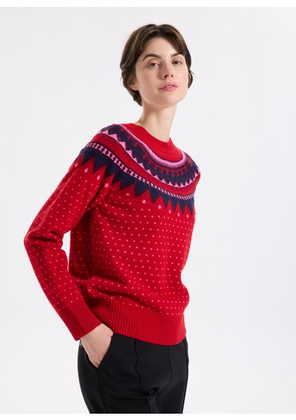 D5WL-KZK3552 Kırmızı Bisiklet Yaka Relaxed Örgü Desenli Kadın Kazak modelleri
