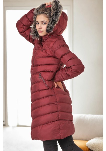 Z9690 Dewberry Kürklü Kapşonlu Bayan Kaban-Bordo fiyatları