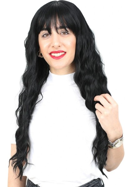 Perçemli Uzun Su Dalgası Fiber Sentetik Peruk- Siyah