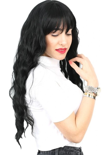 Perçemli Uzun Su Dalgası Fiber Sentetik Peruk- Siyah fiyatları