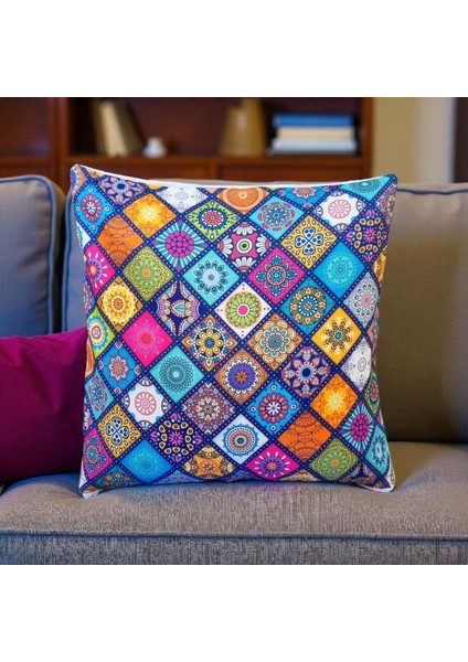 Canlı Renklerde Etnik Mandala Desenli Dijital Baskı Pamuklu Kırlent Kılıfı