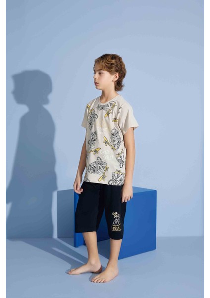 Erkek Çocuk Kaplan T-Shirt Bermuda Alt Penye Süprem Bisiklet Yaka Orta Kalın Pijama TAKIMI-3975
