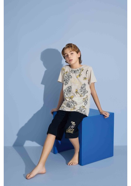 Erkek Çocuk Kaplan T-Shirt Bermuda Alt Penye Süprem Bisiklet Yaka Orta Kalın Pijama TAKIMI-3975 fiyatları