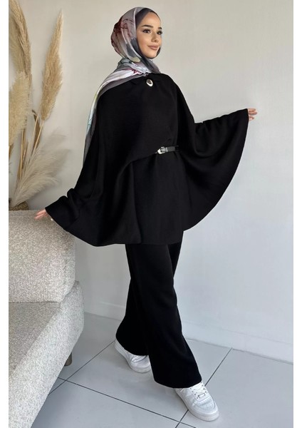 Kadın Gold Düğmeli Kemer Detaylı Triko Panço Pantolon Ikili Takım P-00019028