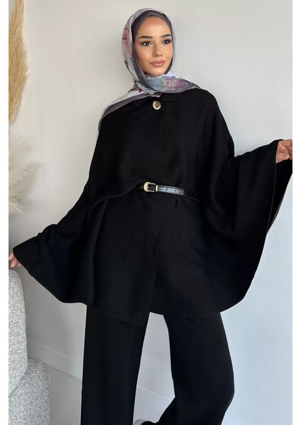 Kadın Gold Düğmeli Kemer Detaylı Triko Panço Pantolon Ikili Takım P-00019028 fiyatları