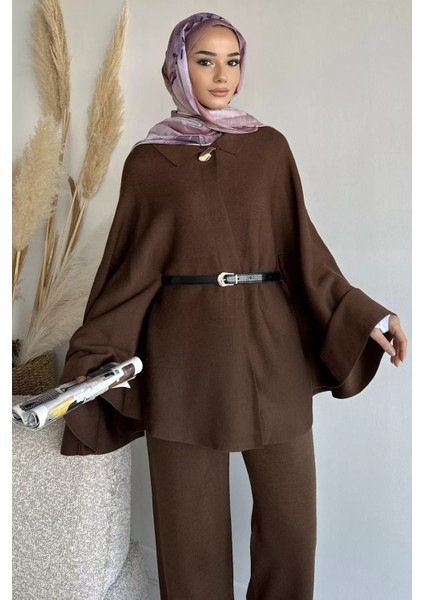 Kadın Gold Düğmeli Kemer Detaylı Triko Panço Pantolon Ikili Takım P-00019028 fiyatları