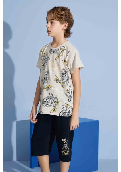 Erkek Çocuk Kaplan T-Shirt Bermuda Alt Penye Süprem Bisiklet Yaka Orta Kalın Pijama TAKIMI-3975 fırsatları