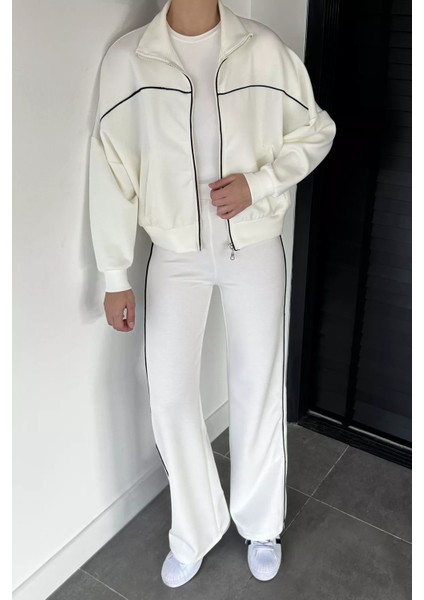 Kadın Şerit Detaylı Ön Fermuarlı Oversize Sweat Bel Lastikli Pantolon Ikili Takım P-00019065