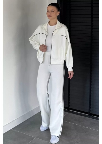 Kadın Şerit Detaylı Ön Fermuarlı Oversize Sweat Bel Lastikli Pantolon Ikili Takım P-00019065 fiyatları
