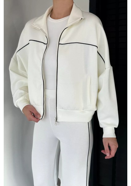 Kadın Şerit Detaylı Ön Fermuarlı Oversize Sweat Bel Lastikli Pantolon Ikili Takım P-00019065 modelleri