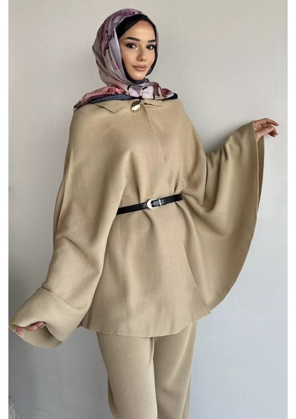 Kadın Gold Düğmeli Kemer Detaylı Triko Panço Pantolon Ikili Takım P-00019028 fiyatları